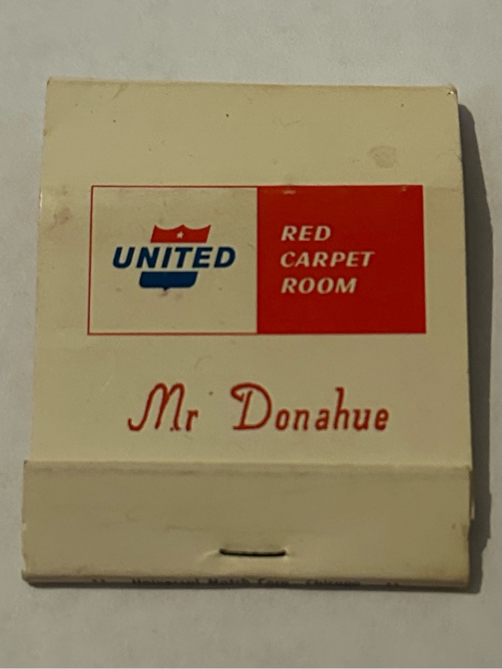 Vintage Matchbook United Airlines Red Carpet Room Personalized Mr Donahue